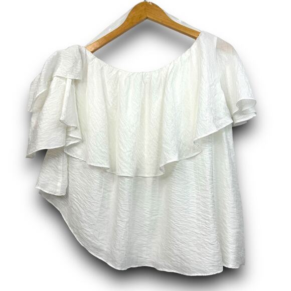 Do+Be Off Shoulder One Sleeve Ruffle Top Blouse Tiered Cropped White Size Small - Picture 1 of 5